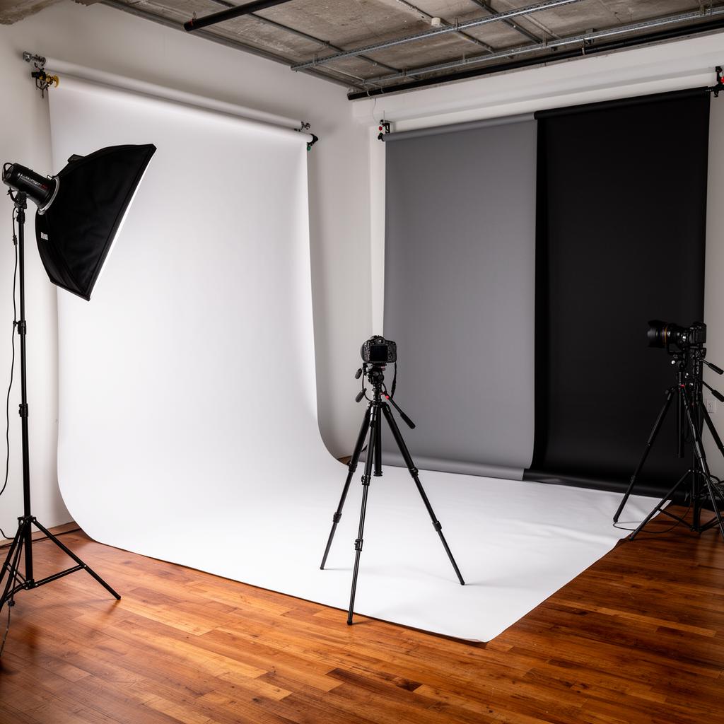 Fotostudio Setup mit Hintergründen und Beleuchtung